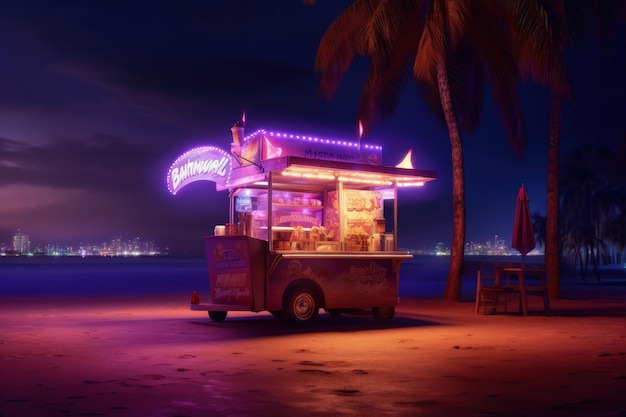 夜のビーチに紫色のネオンが輝くホットドッグカート 都市海岸のホットドッグトレーラー AI