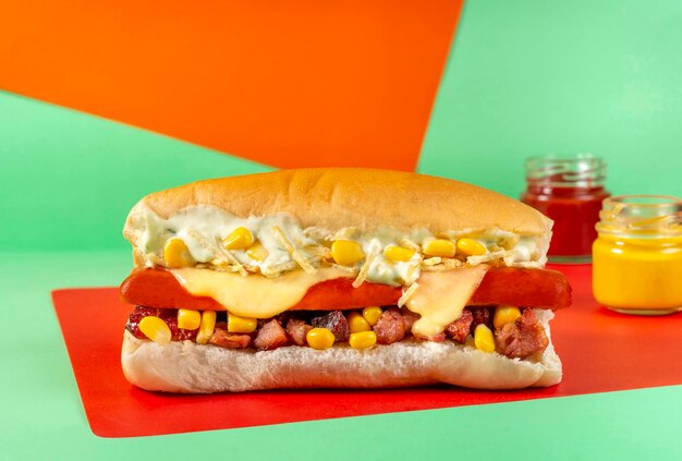 Hot dog on colored background with mustard and ketchup little jars brazilian style