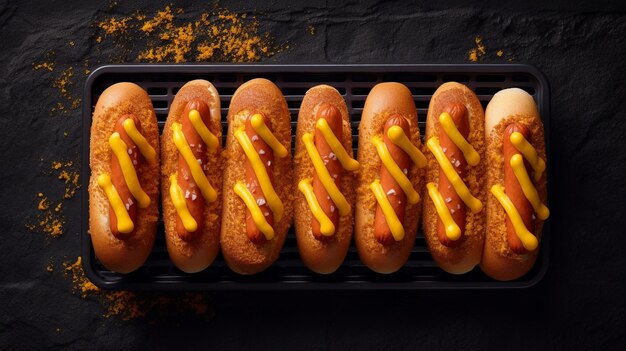 Photo hot dog grill with mustard top down view
