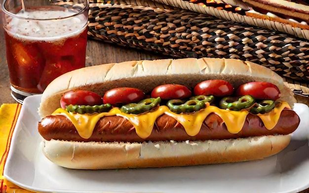 Hot dog grilled sausage in a bun with sauces