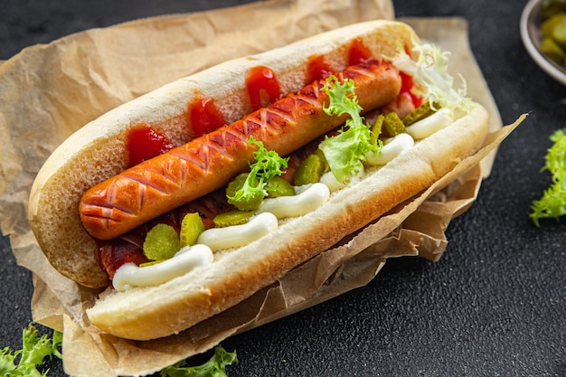 Photo hot dog sandwich bun sausage gherkin ketchup mayonnaise fast food meal food snack on the table