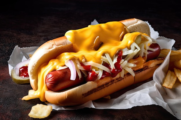 Photo hot dog sandwich with hot dog topped with cheese and other fillings