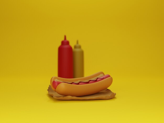 Hot Dog and Sauces model with yellow background in 3d design