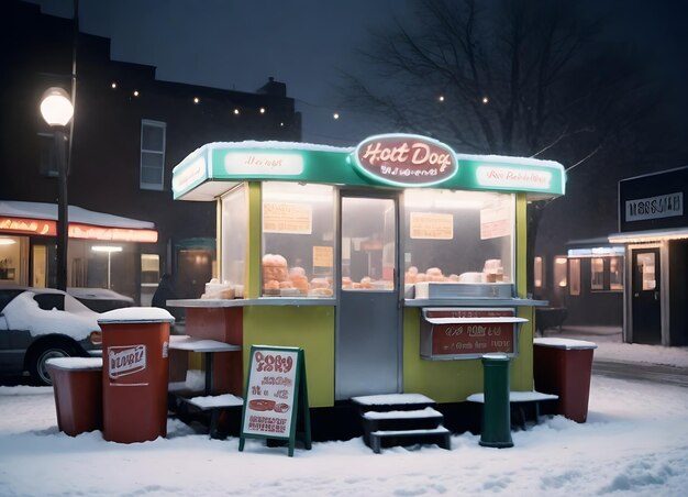 A hot dog stand at night with snow falling illuminated by string lights and various signs