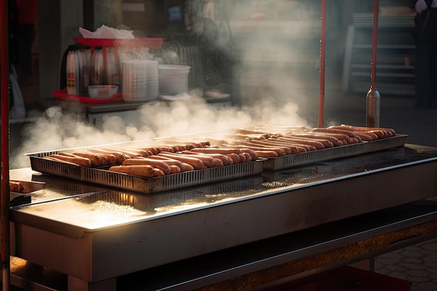 Hot dog stand with steam rising from freshly made sausages on the grill