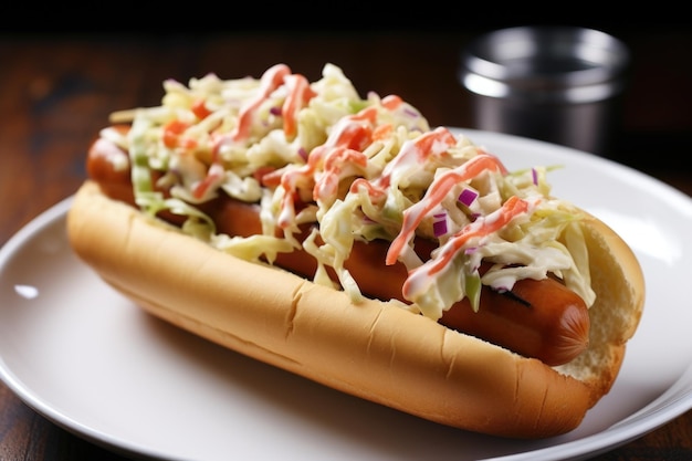 Foto un hot dog condito con cremosa insalata di cavolo