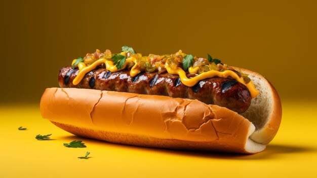 A hot dog topped with mustard and ketchup nestled on a soft bun