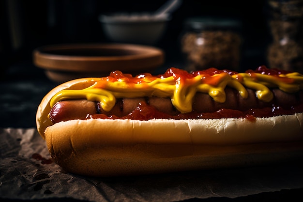 Hot dog topped with sausage ketchup and mustard