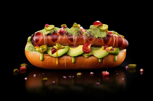 Photo a hot dog with avocado on it is covered in avocados