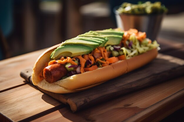 Foto un hot dog con avocado è seduto su un tavolo accanto a un bicchiere di birra