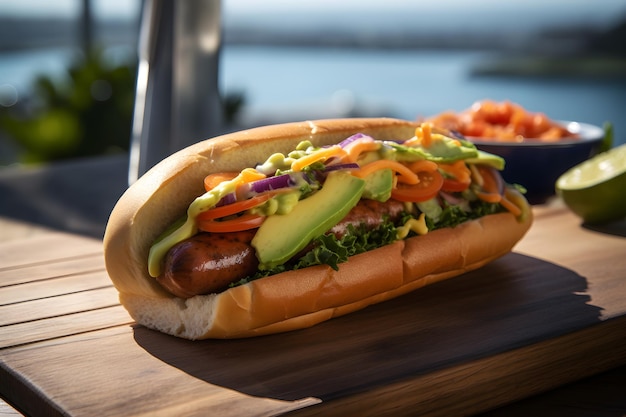 A hot dog with avocado on it sits on a wooden table.