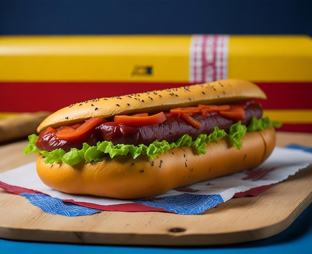 A hot dog with a bun and a red and yellow stripe