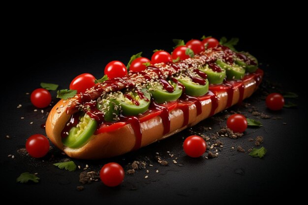 Photo a hot dog with a bun with a lot of toppings on it