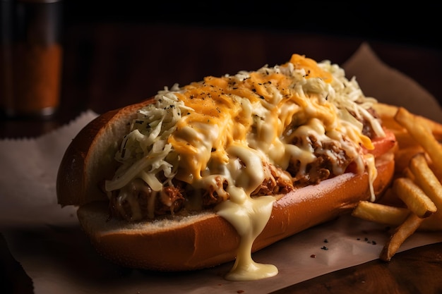 A hot dog with a cheese sauce on it