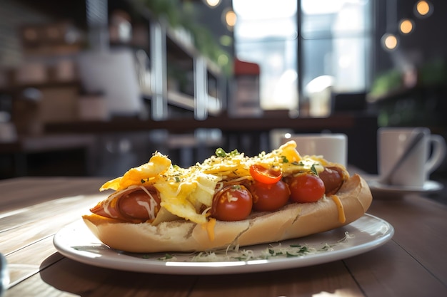 A hot dog with cheese and tomatoes on it