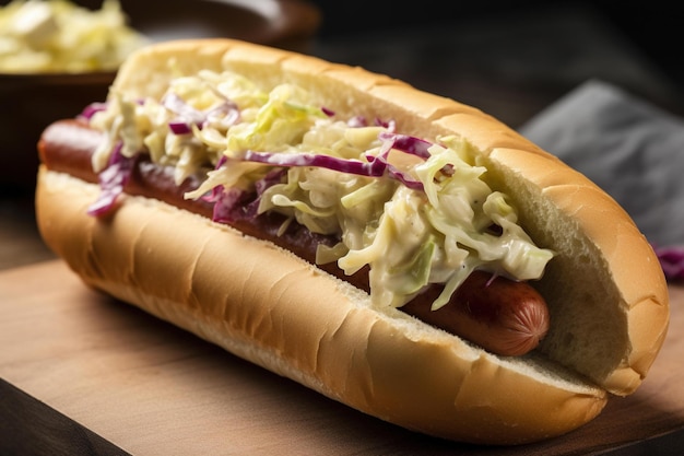 A hot dog with coleslaw on a bun