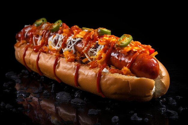 Photo a hot dog with condiments on a table and a black background