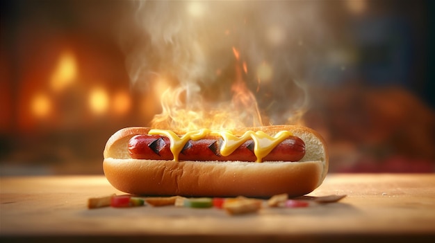 A hot dog with a fire on it is on a table with chips and a fire on it.