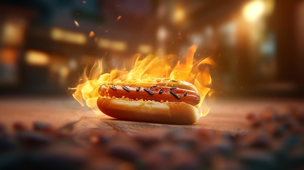 A hot dog with a fire on it