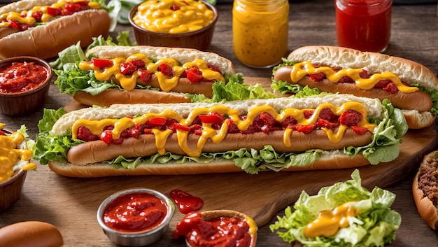 Hot dog with fresh lettuce leaves ketchup mustard on a wooden board