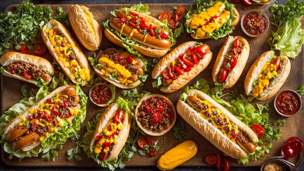 Hot dog with fresh lettuce leaves ketchup mustard on a wooden board