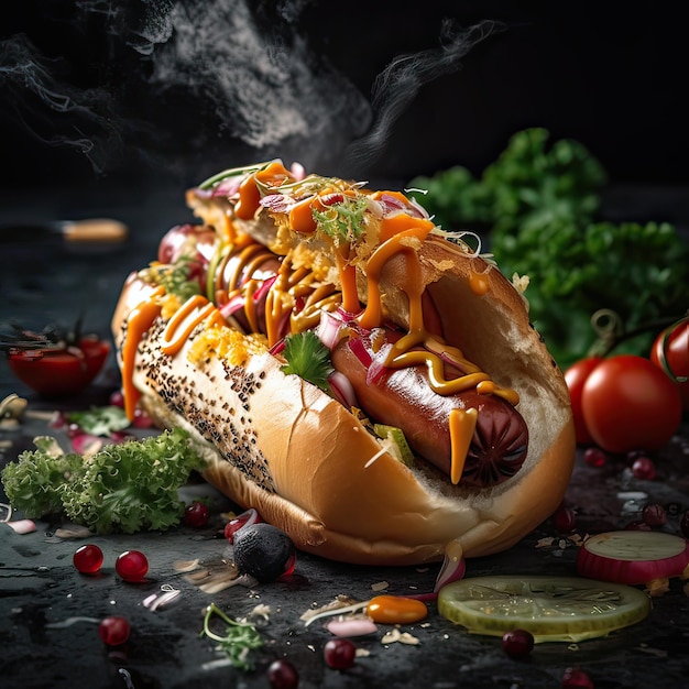 Hot dog with fried sausage vegetables and sauce on a dark background Top view Generative AI