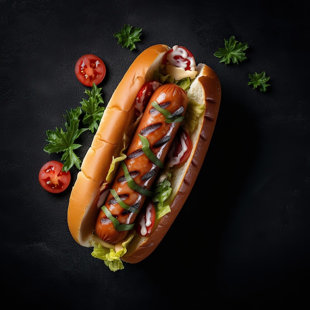 Photo hot dog with fried sausage vegetables and sauce on a dark background top view generative ai