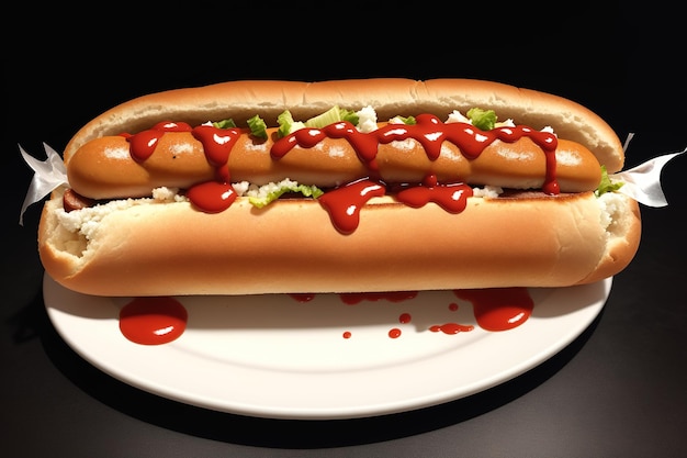 A hot dog with ketchup and ketchup on it