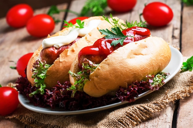 Hot dog with ketchup and mayonnaise vintage wooden background selective focus