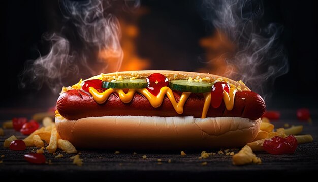 Photo a hot dog with ketchup and mustard on it