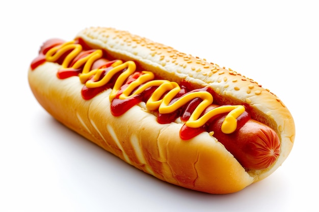 Hot dog with ketchup and mustard on white