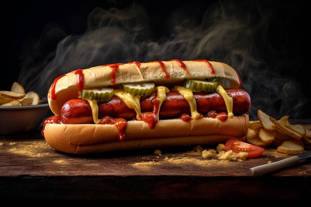 Hot dog with ketchup and mustard on a wooden table Toned