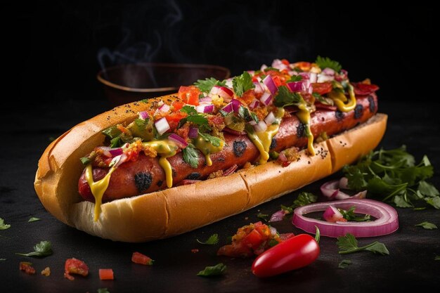 Photo a hot dog with ketchup onions and jalapenos on a table