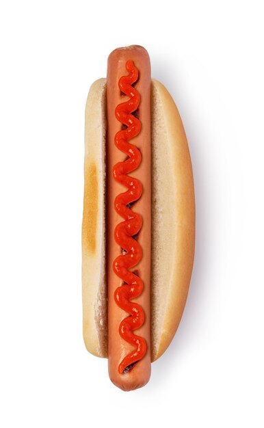 Hot dog with ketchup on white