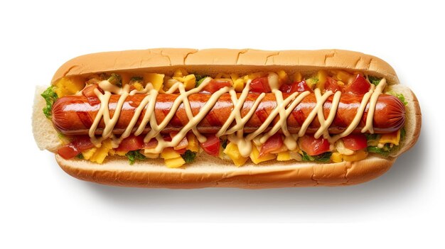 hot dog with a lot of sauce on white background