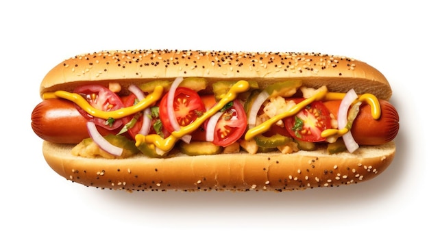 hot dog with a lot of sauce on white background