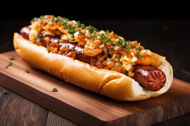 Photo a hot dog with a lot of toppings on it