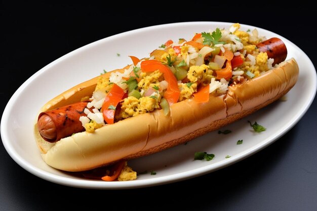 Photo a hot dog with a lot of toppings on it