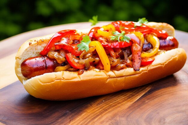 Photo a hot dog with a lot of toppings on it