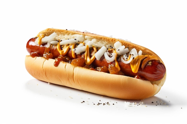 A hot dog with a lot of toppings on it