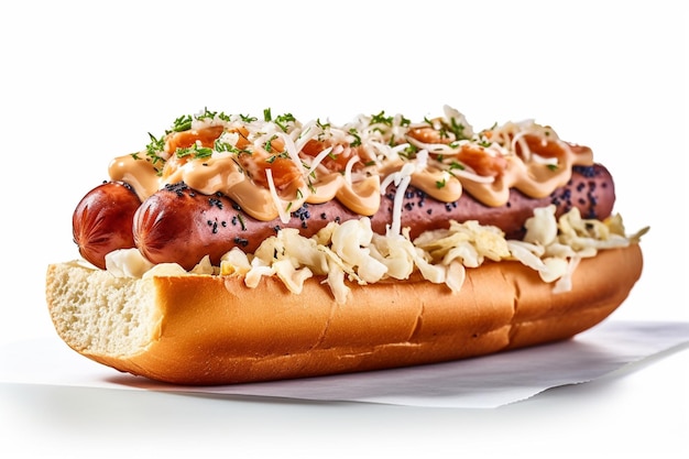 A hot dog with a mayonnaise and mayonnaise on it.