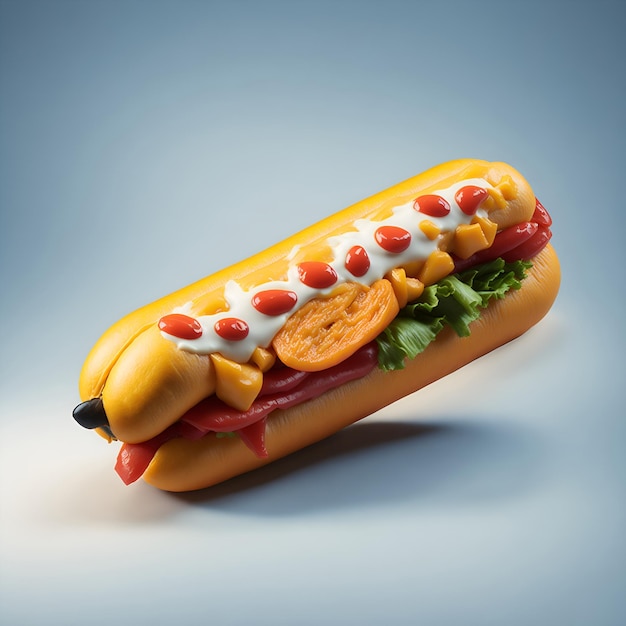 A hot dog with mayonnaise and tomato on it