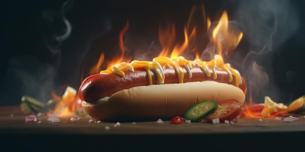 Hot dog with melted cheese on flaming background Created with Generative AI technology