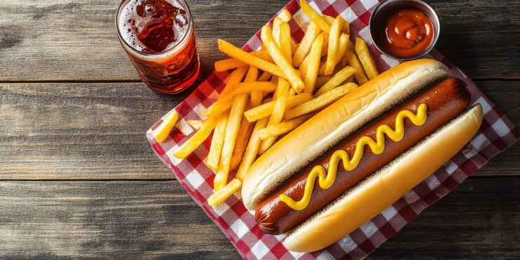 A hot dog with mustard fries and a drink on a checkered tablecloth