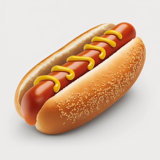 A hot dog with mustard on it is on a white background.