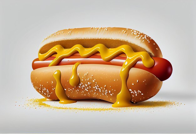A hot dog with mustard on it with a white background.