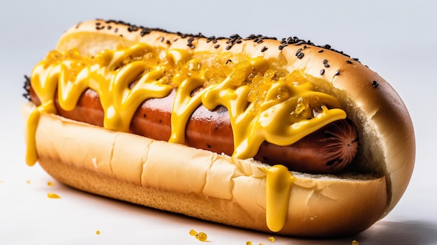 A hot dog with mustard on it