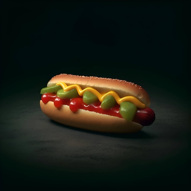 Hot dog with mustard and ketchup on dark background 3d illustration