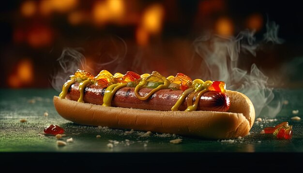 a hot dog with mustard and ketchup is on a green table