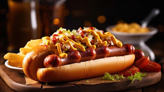 A hot dog with mustard and ketchup is on a table